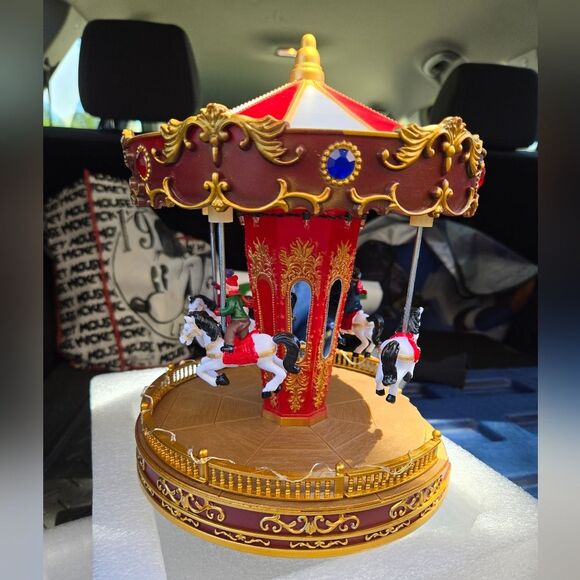 11" Red & White LED Animated Christmas Carousel with Horses - Picture 2 of 7